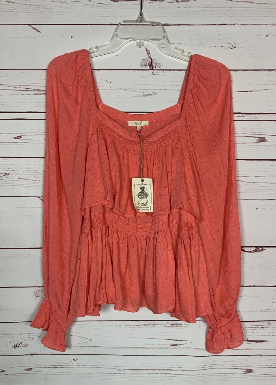 Easel Anthropologie Women's L Large Coral Long Sleeve Peasant Boho Top NEW TAGS